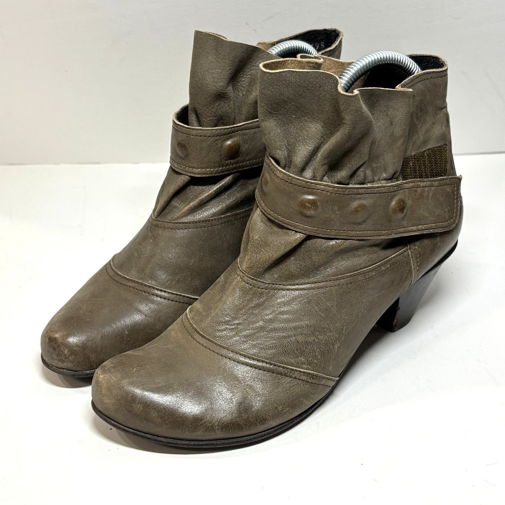Fidji Leather‎ Ankle Boots Women 40 Olive Brown Slouchy Ruffle Studded Strap